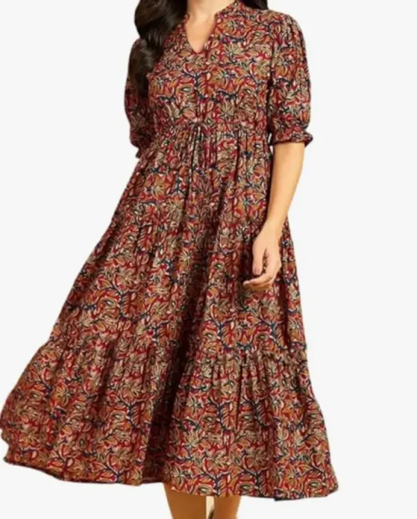 Women's Fit and Flare Pure Cotton Long Maxi Dress (Maroon)